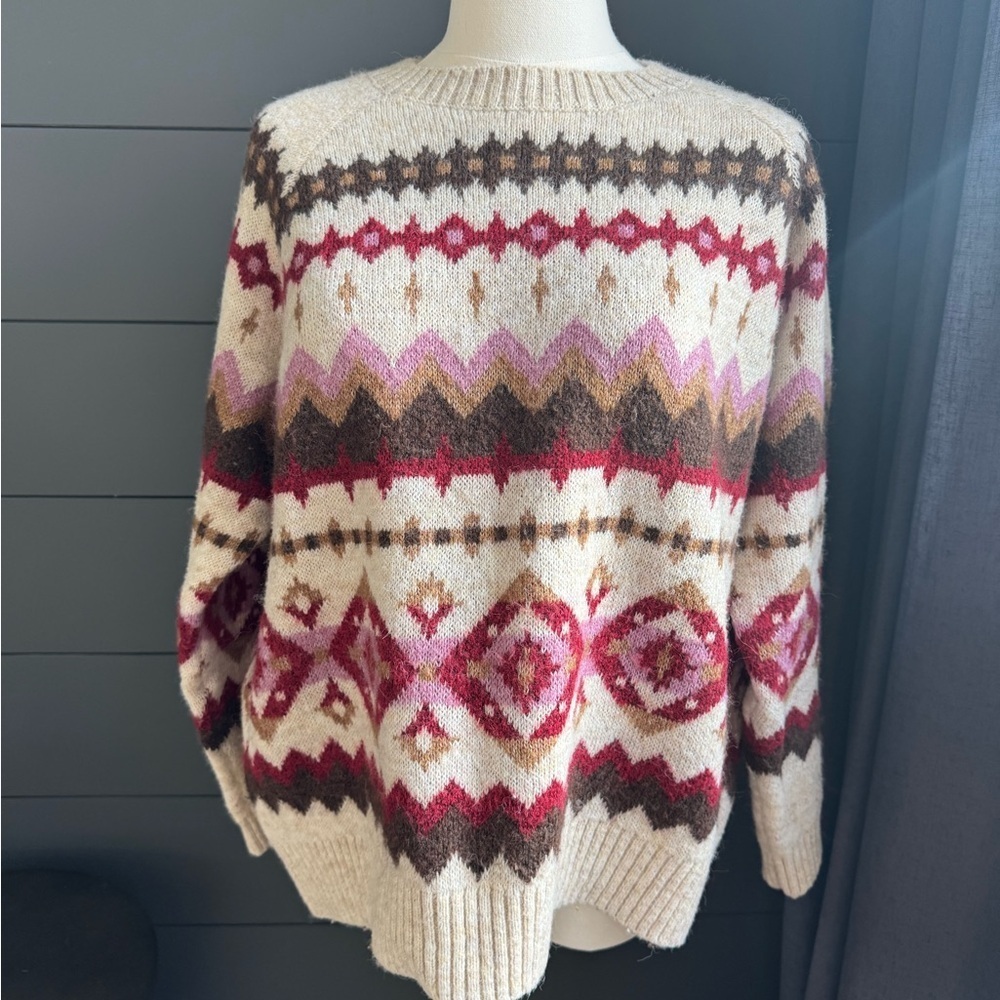Old Navy Fair Isle Cream and Brown Patterned Sweater Size Medium